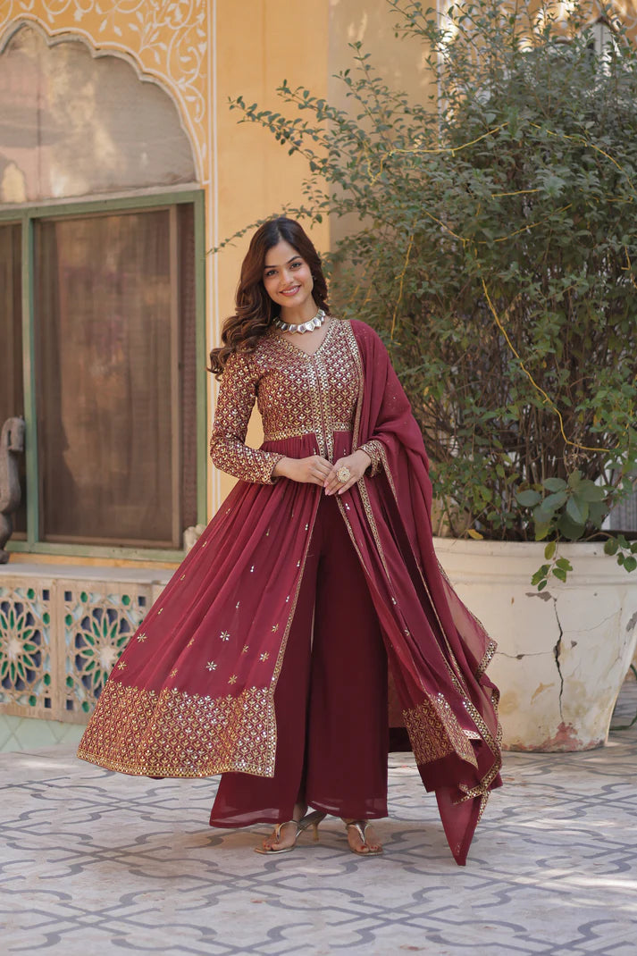 WEDDING SPECIAL FAUX GEORGETTE EMBROIDERED GOWN WITH BOTTOM AND DUPATTA(WD58) (01)