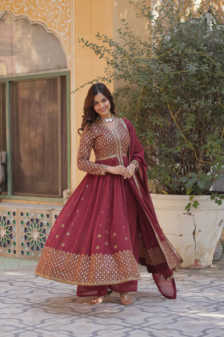 WEDDING SPECIAL FAUX GEORGETTE EMBROIDERED GOWN WITH BOTTOM AND DUPATTA(WD58) (01)