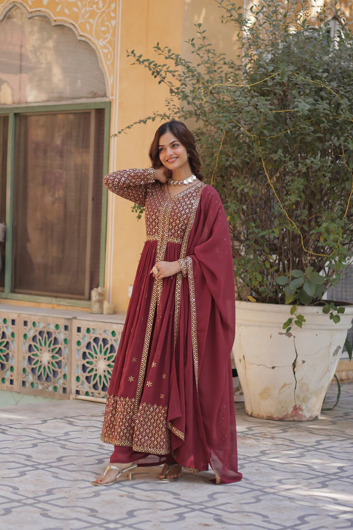 WEDDING SPECIAL FAUX GEORGETTE EMBROIDERED GOWN WITH BOTTOM AND DUPATTA(WD58) (01)