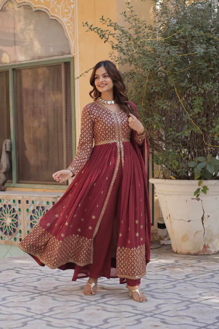 WEDDING SPECIAL FAUX GEORGETTE EMBROIDERED GOWN WITH BOTTOM AND DUPATTA(WD58) (01)