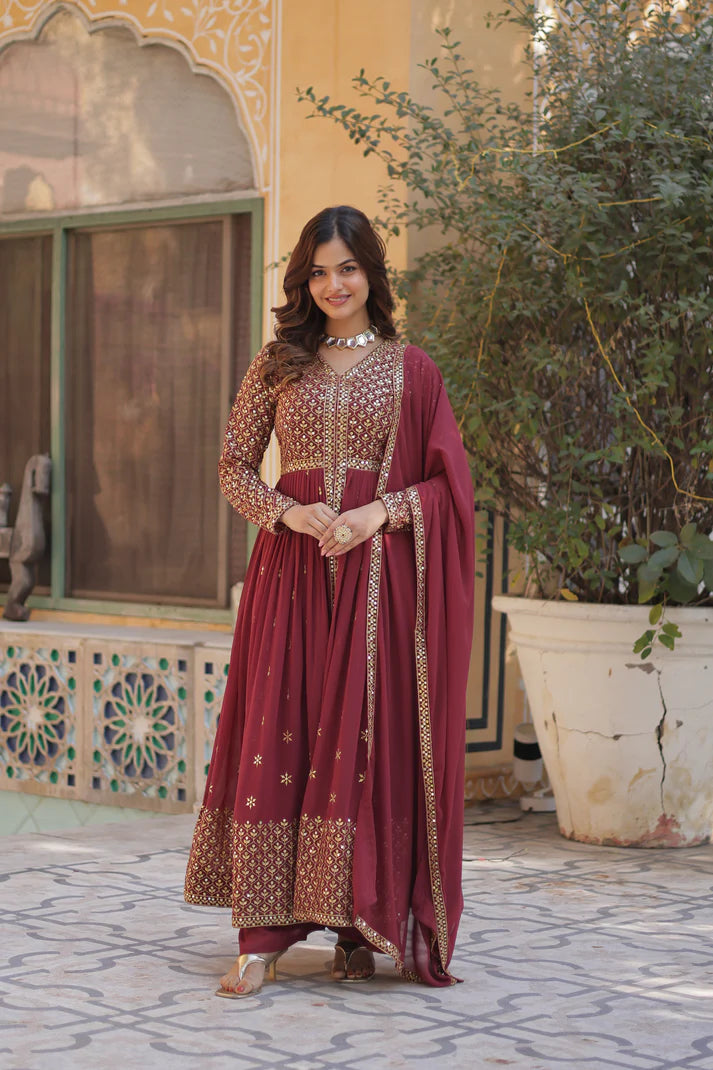 WEDDING SPECIAL FAUX GEORGETTE EMBROIDERED GOWN WITH BOTTOM AND DUPATTA(WD58) (01)