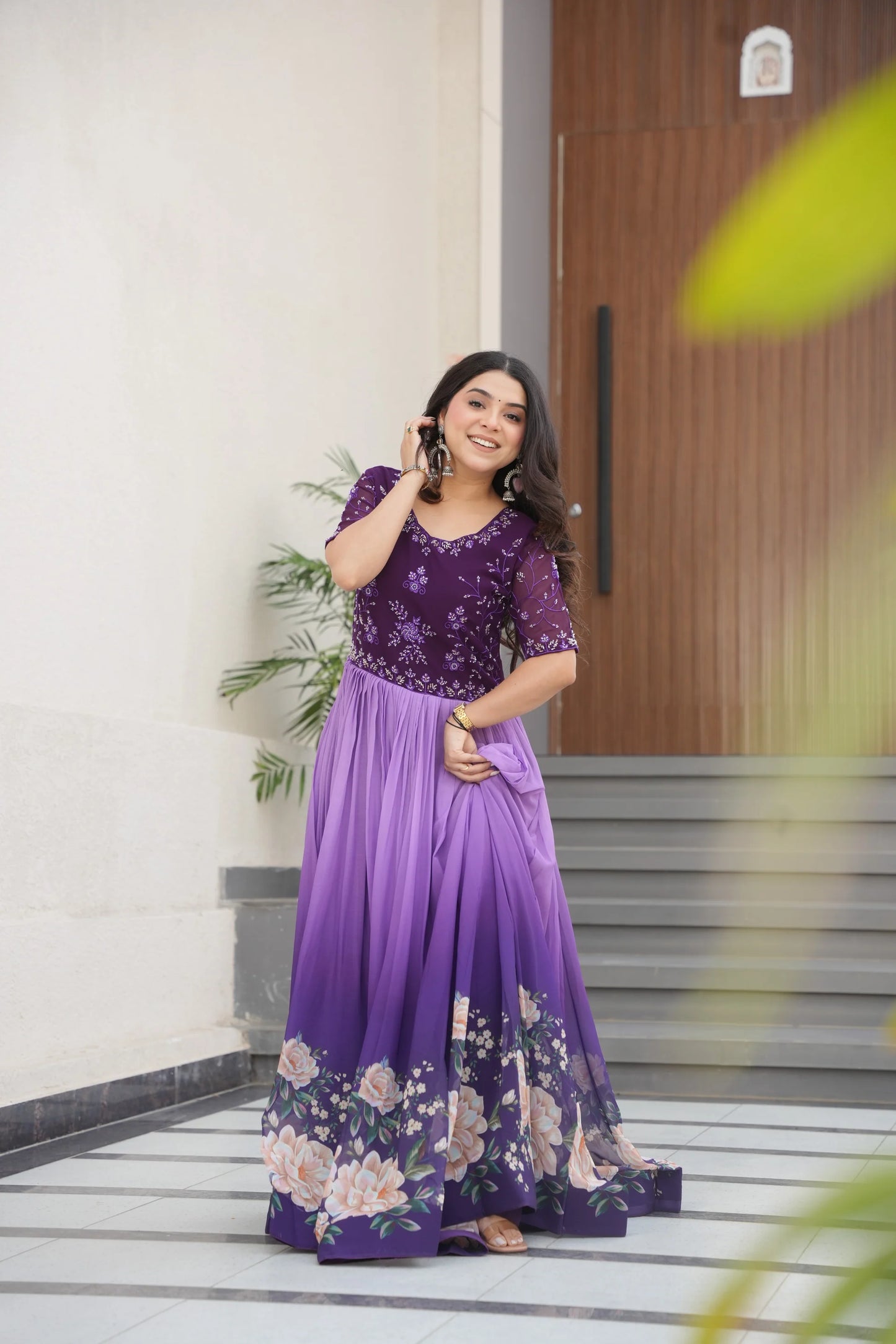 FAUX BLOOMING BEADS EMBROIDERED GOWN(WD78)