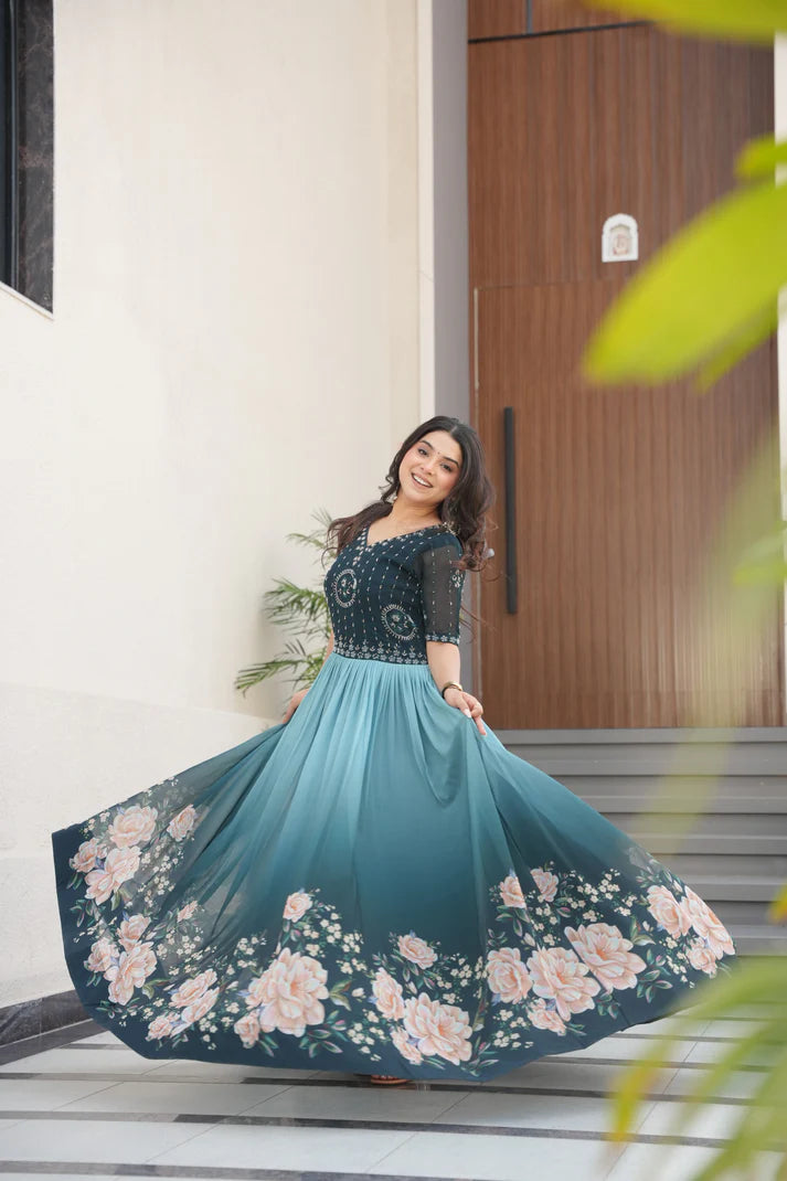 FAUX BLOOMING BEADS EMBROIDERED GOWN(WD78) (01)