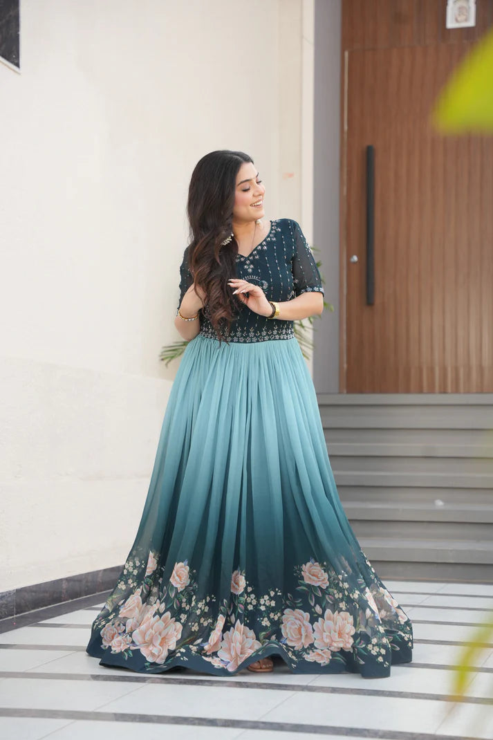 FAUX BLOOMING BEADS EMBROIDERED GOWN(WD78) (01)