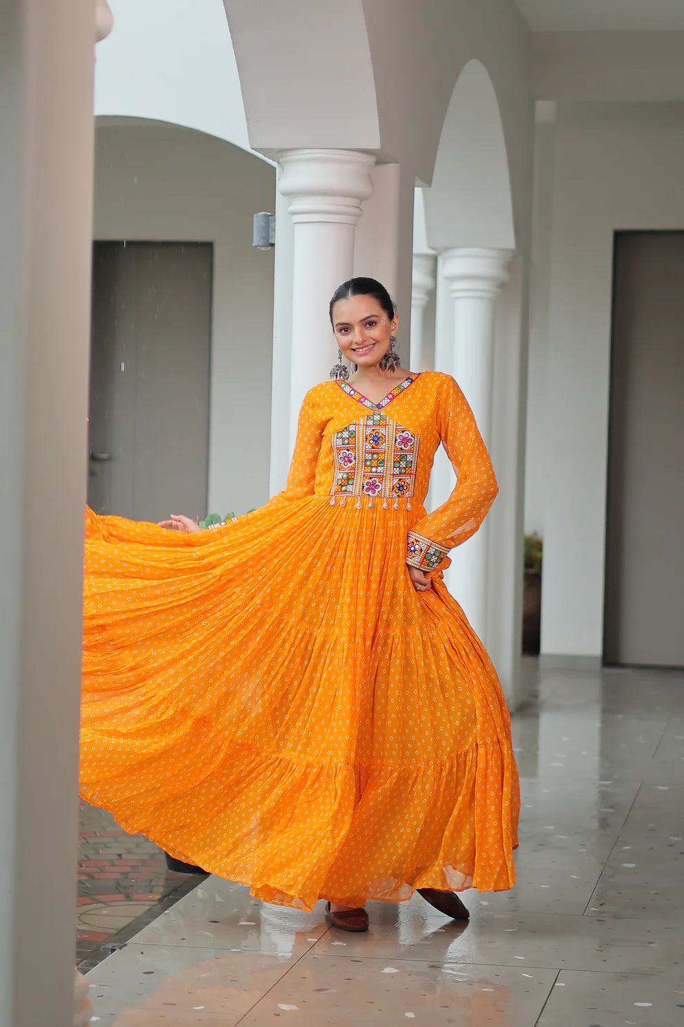 NAVRATRI SPECIAL BANDHANI PRINT GOWN WITH KUTCHI PATCHWORK (WD181)