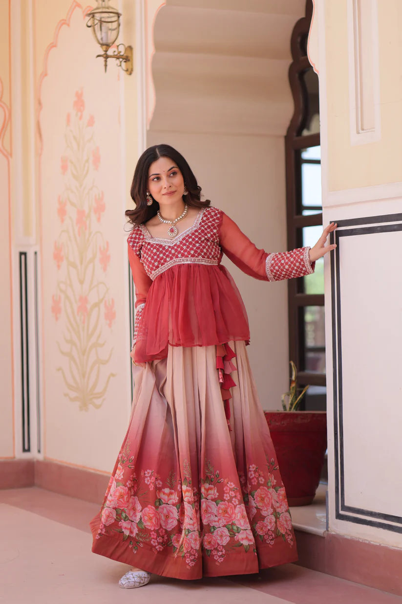 FESTIVAL SPECIAL COSMOS WITH PRINT CHIFFON BEADS EMBROIDERED LEHENGA CHOLI(WD188) 01
