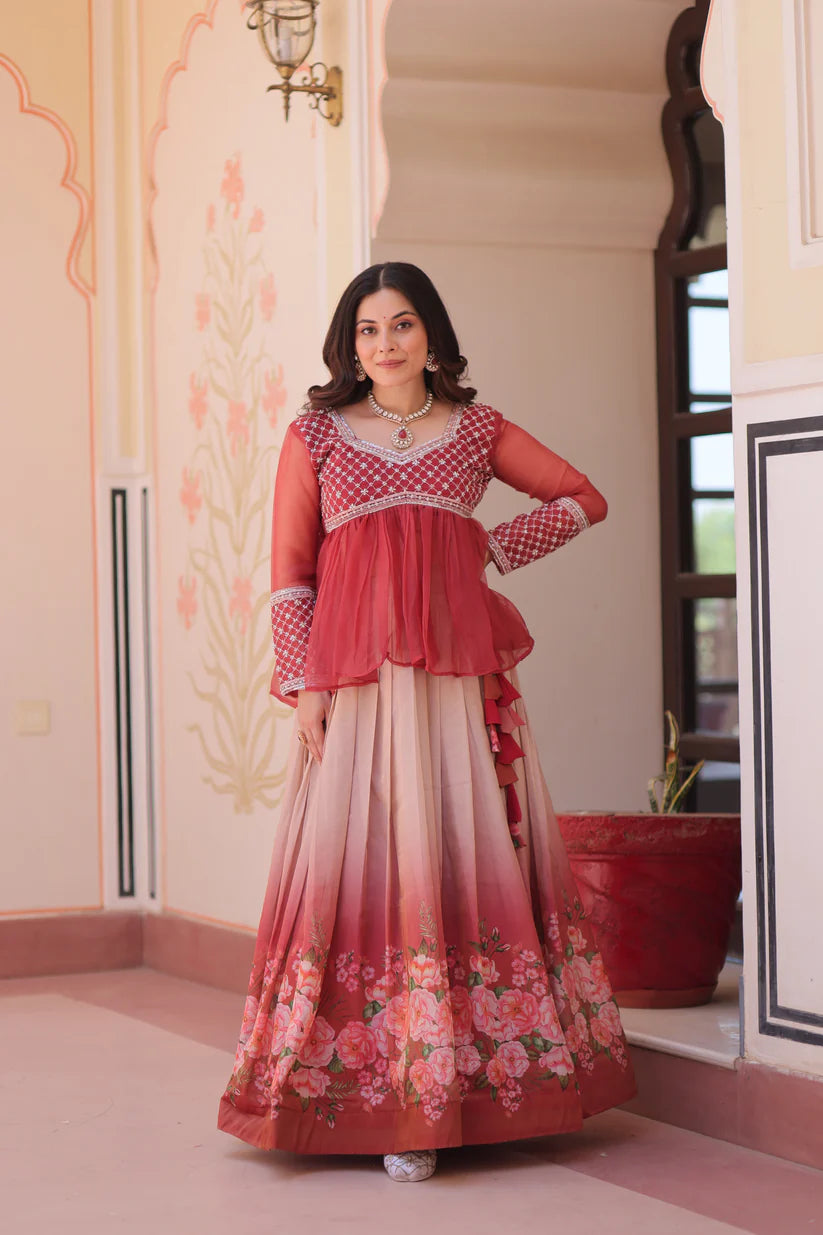 FESTIVAL SPECIAL COSMOS WITH PRINT CHIFFON BEADS EMBROIDERED LEHENGA CHOLI(WD188) 01