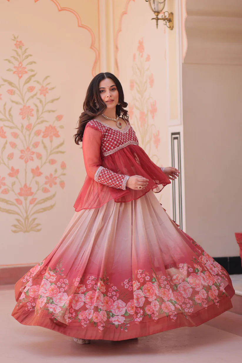 FESTIVAL SPECIAL COSMOS WITH PRINT CHIFFON BEADS EMBROIDERED LEHENGA CHOLI(WD188) 01