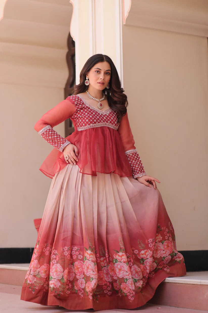 FESTIVAL SPECIAL COSMOS WITH PRINT CHIFFON BEADS EMBROIDERED LEHENGA CHOLI(WD188) 01