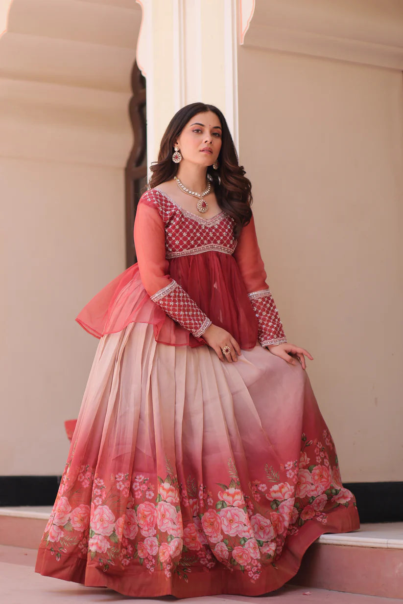 FESTIVAL SPECIAL COSMOS WITH PRINT CHIFFON BEADS EMBROIDERED LEHENGA CHOLI(WD188) 01