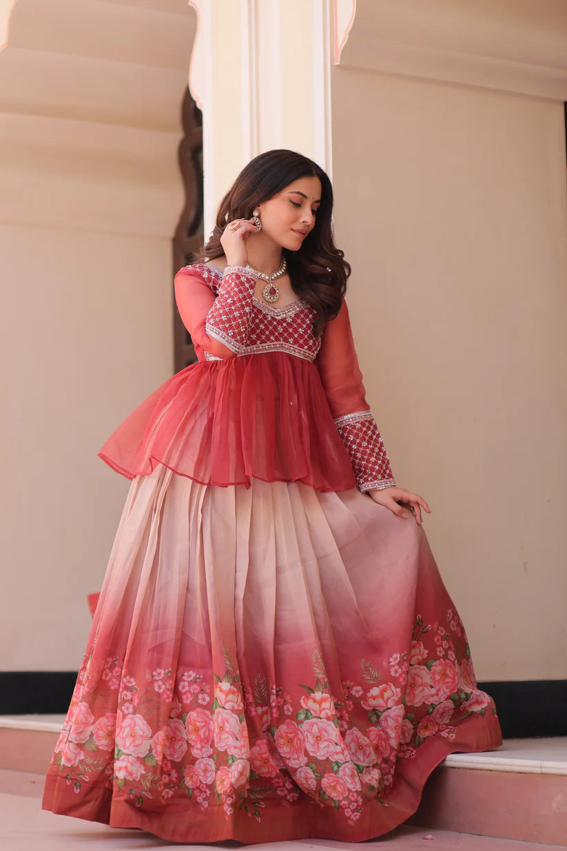 FESTIVAL SPECIAL COSMOS WITH PRINT CHIFFON BEADS EMBROIDERED LEHENGA CHOLI(WD188) 01