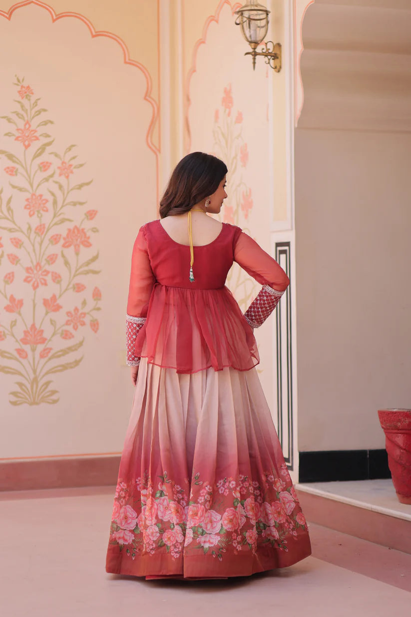 FESTIVAL SPECIAL COSMOS WITH PRINT CHIFFON BEADS EMBROIDERED LEHENGA CHOLI(WD188) 01