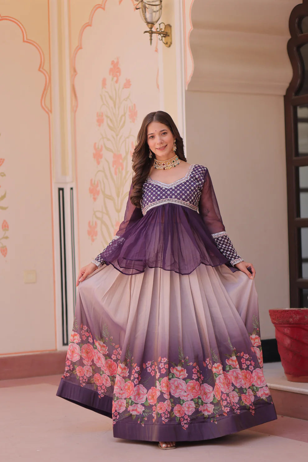 FESTIVAL SPECIAL COSMOS WITH PRINT CHIFFON BEADS EMBROIDERED LEHENGA CHOLI(WD188)