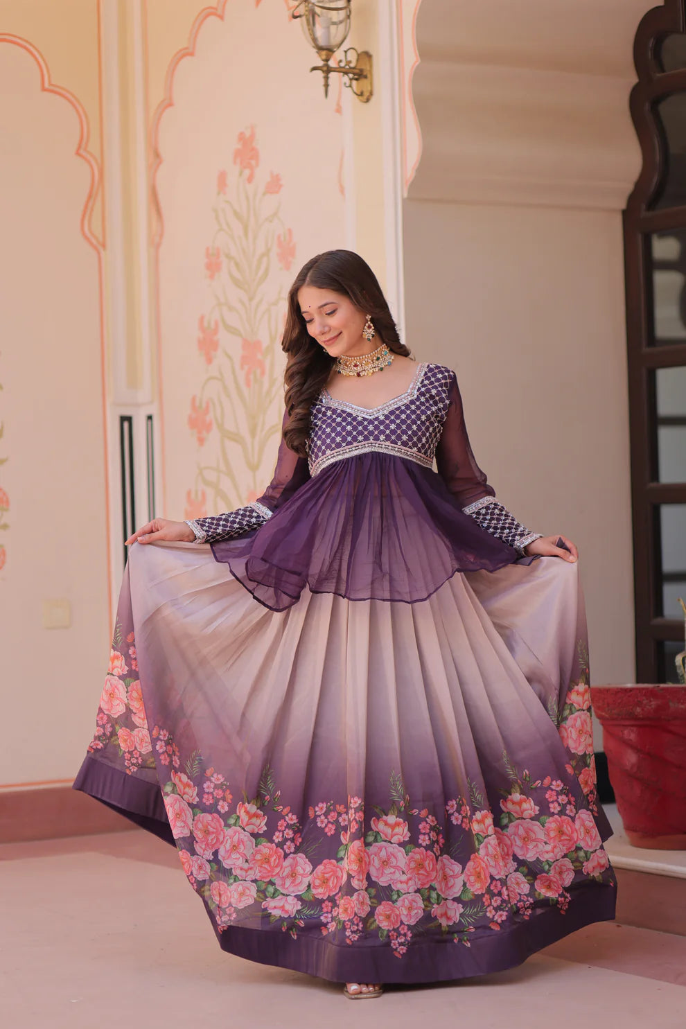 FESTIVAL SPECIAL COSMOS WITH PRINT CHIFFON BEADS EMBROIDERED LEHENGA CHOLI(WD188)
