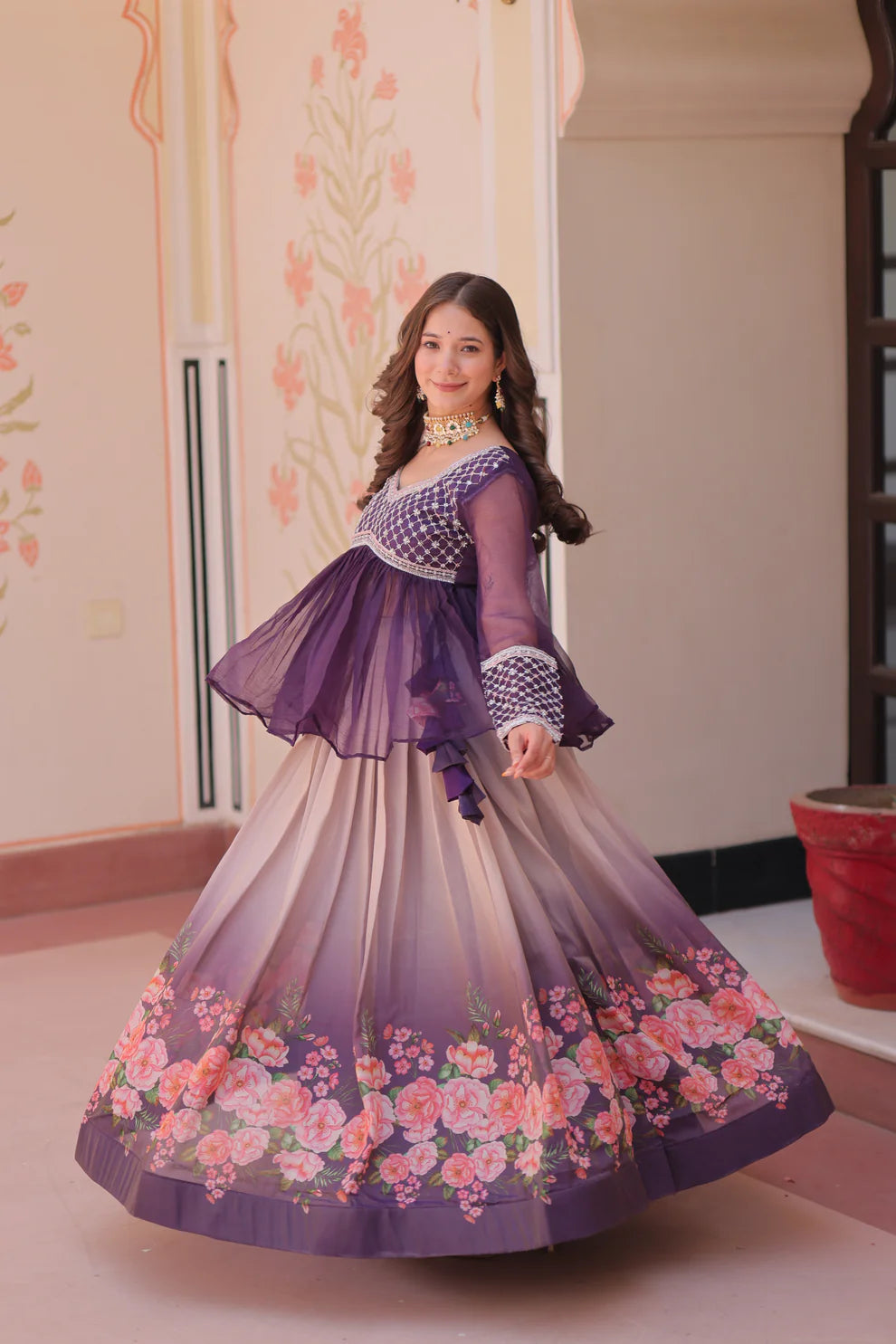 FESTIVAL SPECIAL COSMOS WITH PRINT CHIFFON BEADS EMBROIDERED LEHENGA CHOLI(WD188)