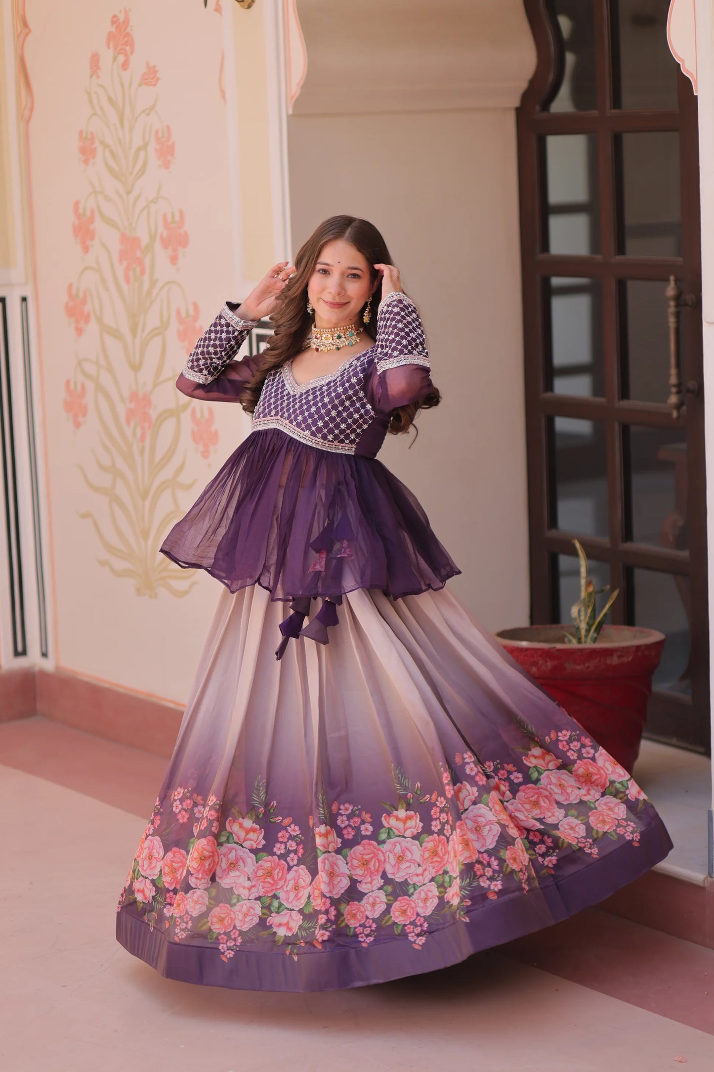 FESTIVAL SPECIAL COSMOS WITH PRINT CHIFFON BEADS EMBROIDERED LEHENGA CHOLI(WD188)