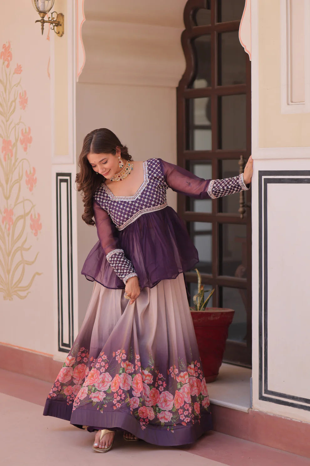FESTIVAL SPECIAL COSMOS WITH PRINT CHIFFON BEADS EMBROIDERED LEHENGA CHOLI(WD188)