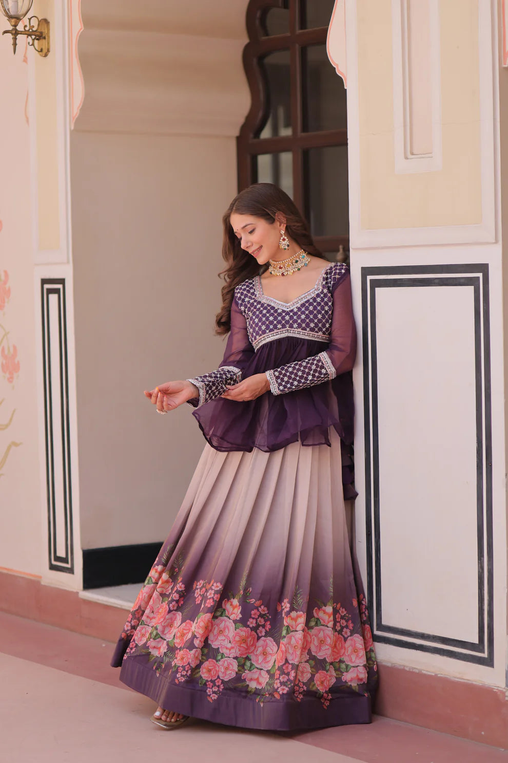 FESTIVAL SPECIAL COSMOS WITH PRINT CHIFFON BEADS EMBROIDERED LEHENGA CHOLI(WD188)