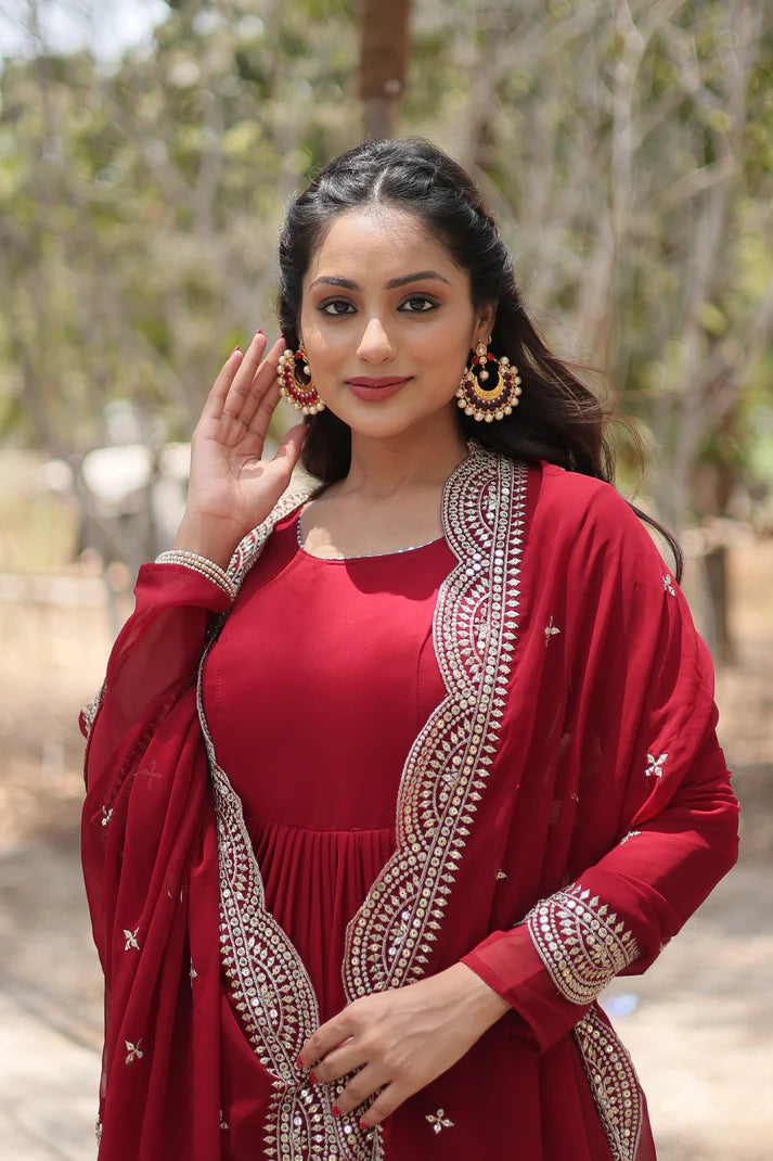 Womensavtar Desirable Women's gown Made With Faux Blooming Fabrics and Designer Embroidered Dupatta