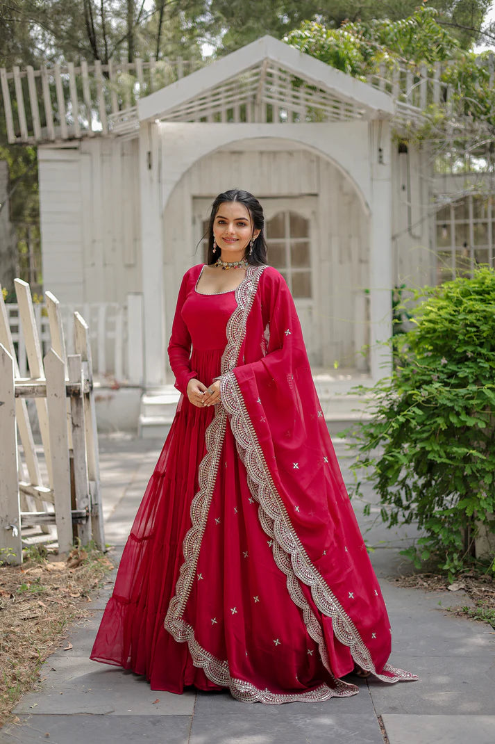 Womensavtar Desirable Women's gown Made With Faux Blooming Fabrics and Designer Embroidered Dupatta