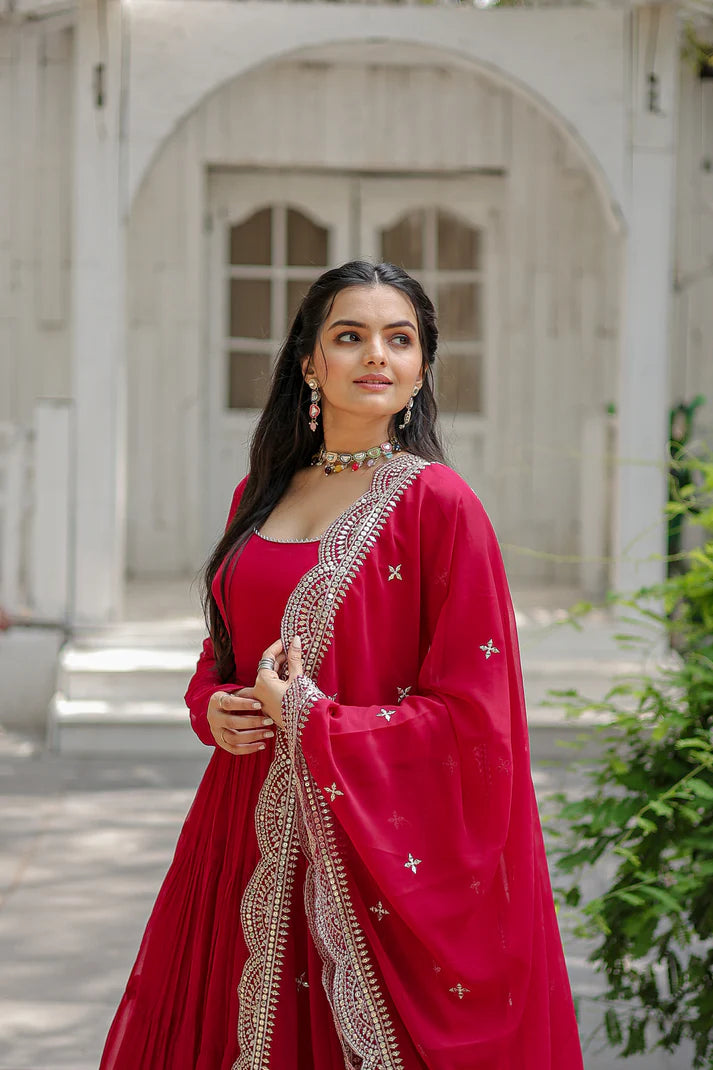 Womensavtar Desirable Women's gown Made With Faux Blooming Fabrics and Designer Embroidered Dupatta