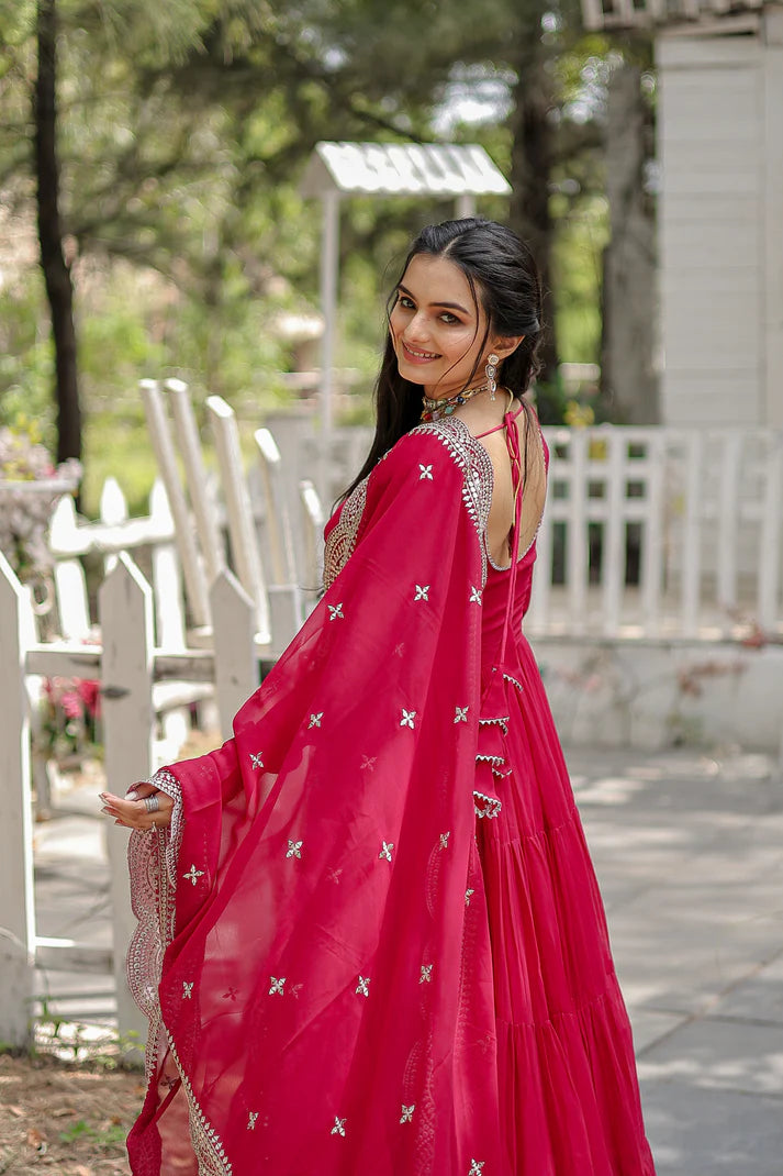 Womensavtar Desirable Women's gown Made With Faux Blooming Fabrics and Designer Embroidered Dupatta