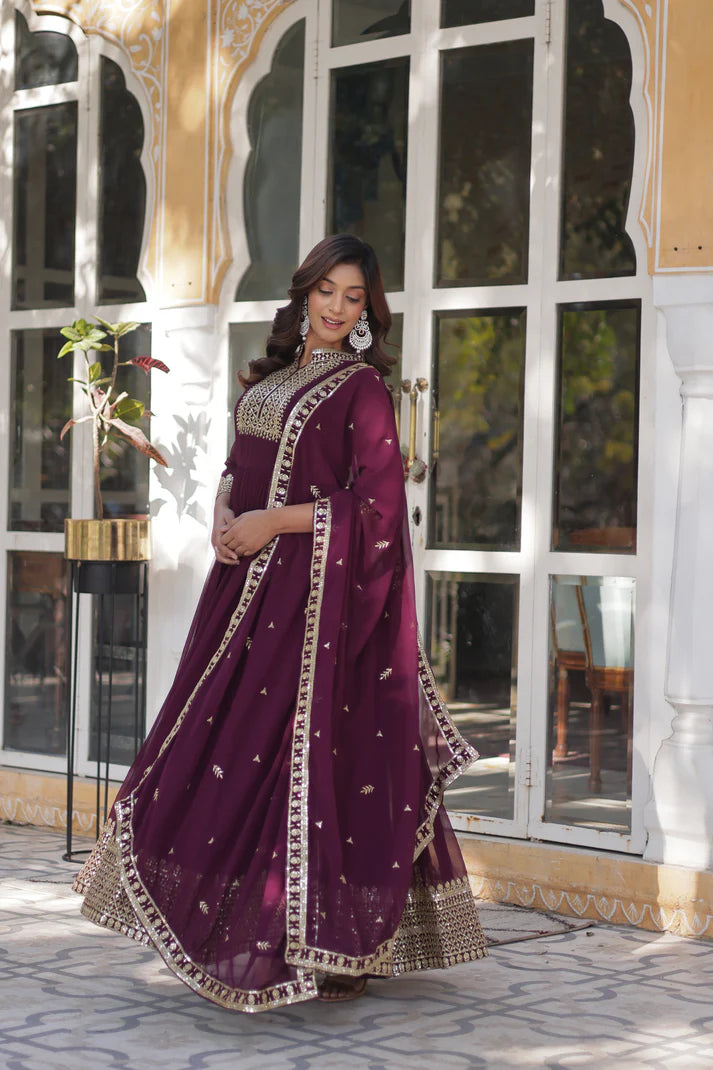 WEDDING SPECIAL BLOOMING GEORGETTE SEQUINS EMBROIDERED GOWN WITH DUPATTA(WD51) (01)