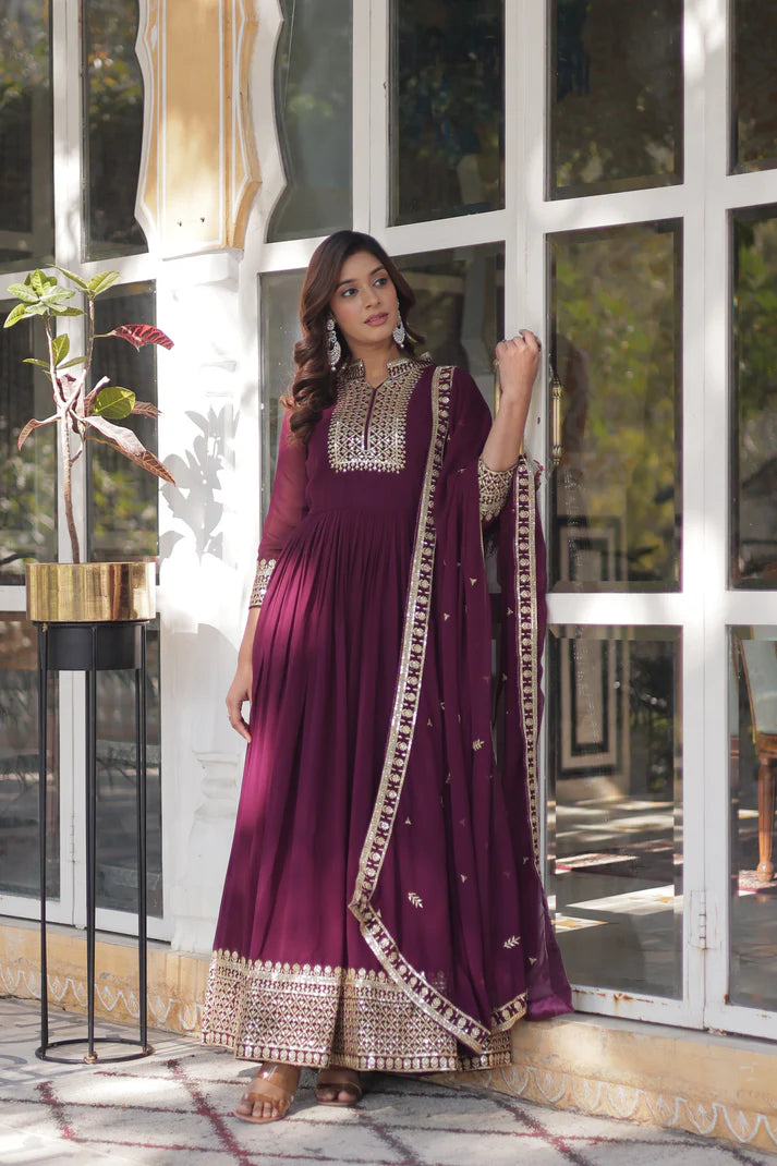 WEDDING SPECIAL BLOOMING GEORGETTE SEQUINS EMBROIDERED GOWN WITH DUPATTA(WD51) (01)