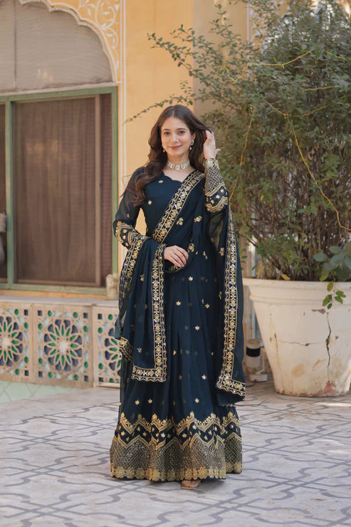 FAUX BLOOMING GEORGETTE SEQUINS EMBROIDERED GOWN WITH DUPATTA
