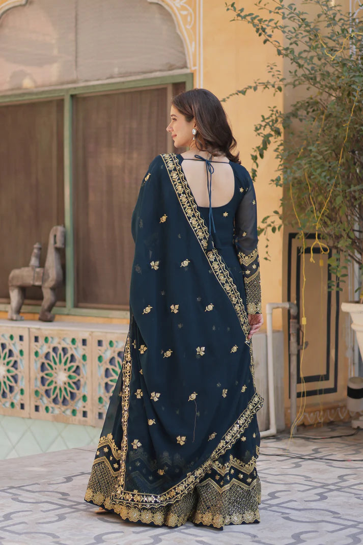 FAUX BLOOMING GEORGETTE SEQUINS EMBROIDERED GOWN WITH DUPATTA
