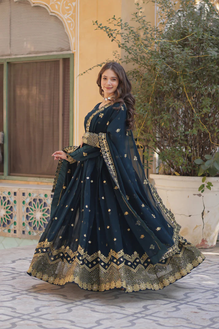 FAUX BLOOMING GEORGETTE SEQUINS EMBROIDERED GOWN WITH DUPATTA