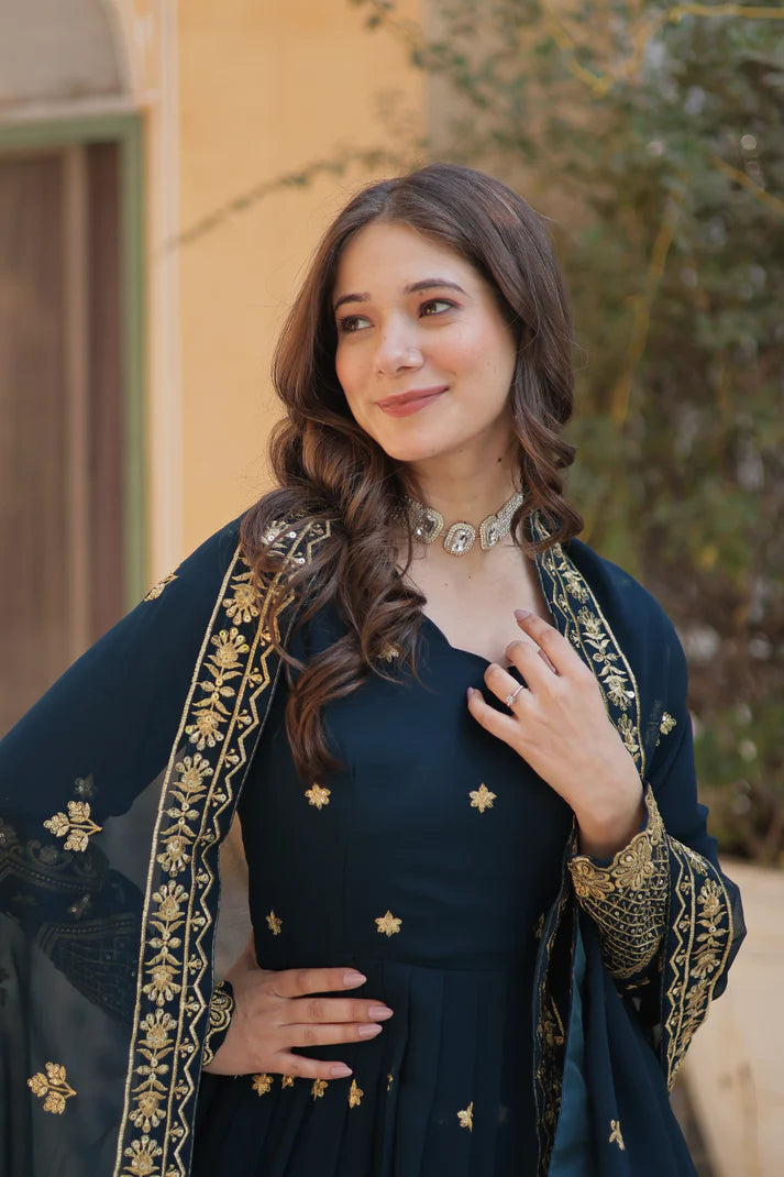 FAUX BLOOMING GEORGETTE SEQUINS EMBROIDERED GOWN WITH DUPATTA