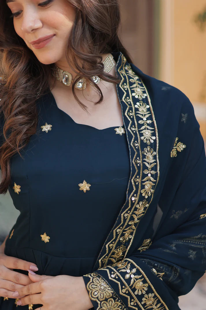 FAUX BLOOMING GEORGETTE SEQUINS EMBROIDERED GOWN WITH DUPATTA
