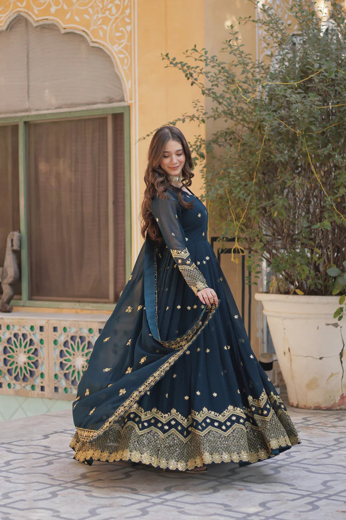 FAUX BLOOMING GEORGETTE SEQUINS EMBROIDERED GOWN WITH DUPATTA