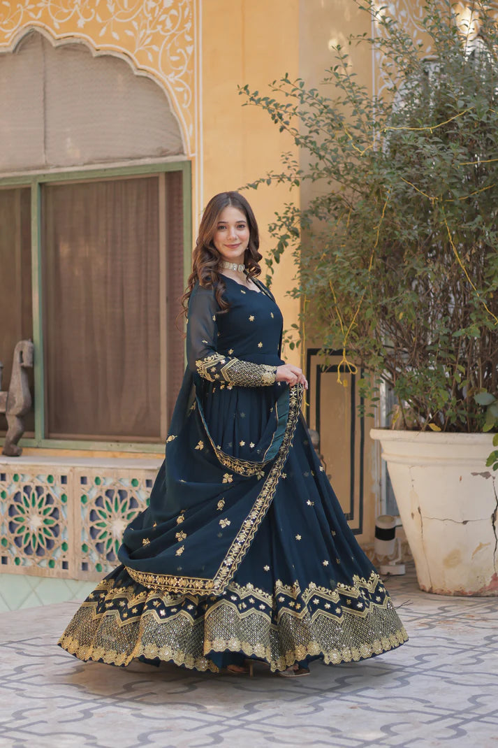 FAUX BLOOMING GEORGETTE SEQUINS EMBROIDERED GOWN WITH DUPATTA