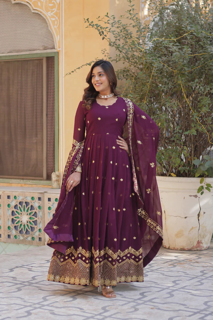 FAUX BLOOMING GEORGETTE SEQUINS EMBROIDERED GOWN WITH DUPATTA