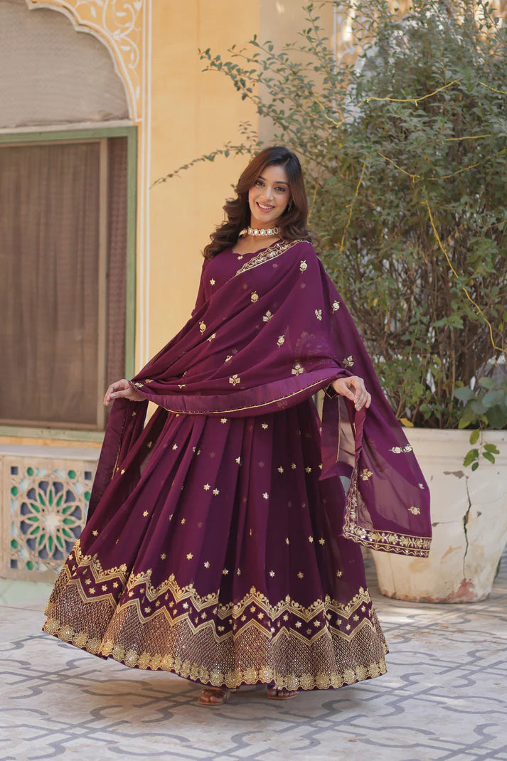 FAUX BLOOMING GEORGETTE SEQUINS EMBROIDERED GOWN WITH DUPATTA