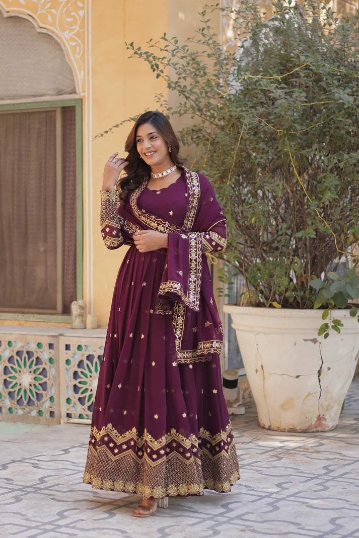 FAUX BLOOMING GEORGETTE SEQUINS EMBROIDERED GOWN WITH DUPATTA
