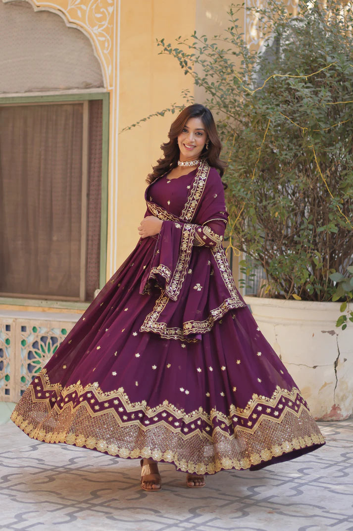 FAUX BLOOMING GEORGETTE SEQUINS EMBROIDERED GOWN WITH DUPATTA