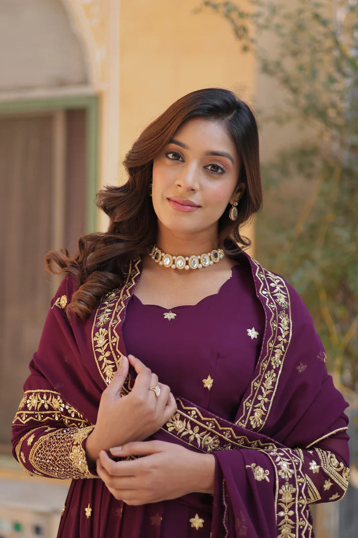 FAUX BLOOMING GEORGETTE SEQUINS EMBROIDERED GOWN WITH DUPATTA