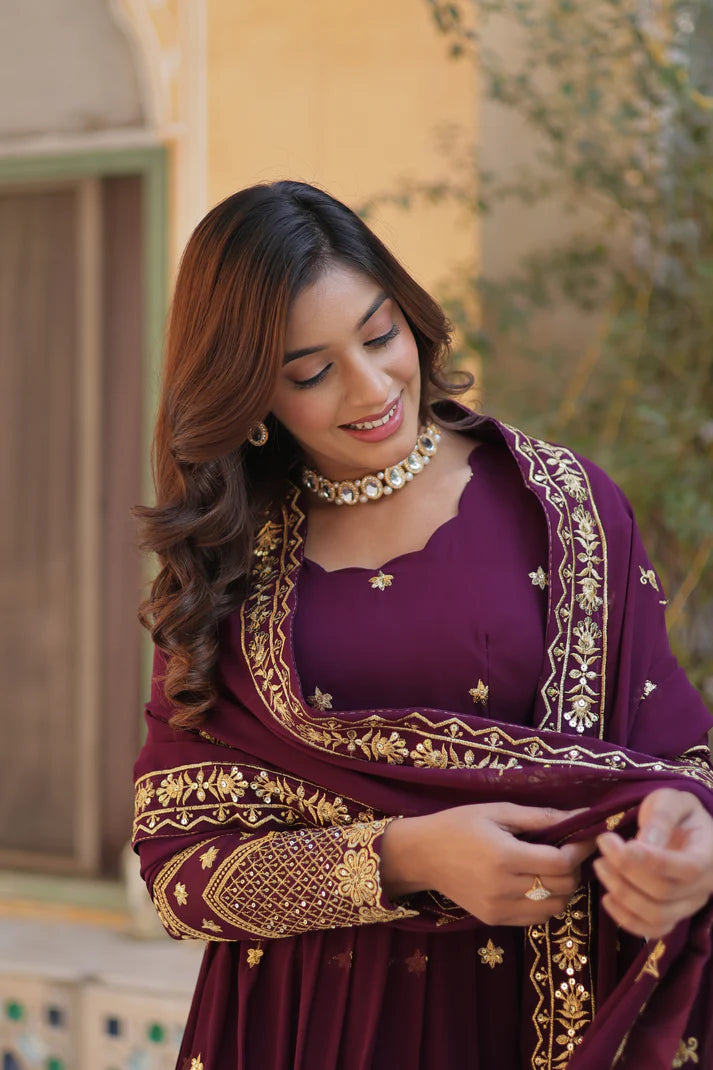 FAUX BLOOMING GEORGETTE SEQUINS EMBROIDERED GOWN WITH DUPATTA