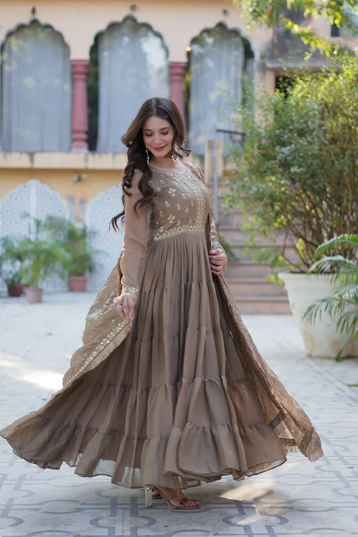 WEDDING SPECIAL STAR GEORGETTE ZARI SEQUINS EMBROIDERED GOWN WITH DUPATTA (WD56) (03)
