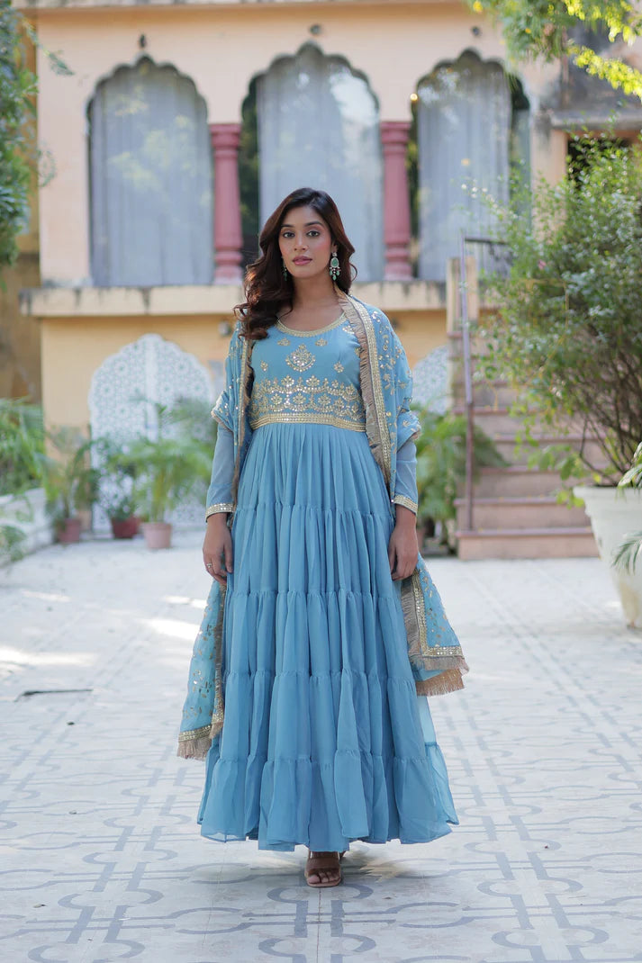 WEDDING SPECIAL STAR GEORGETTE ZARI SEQUINS EMBROIDERED GOWN WITH DUPATTA (WD56) (02)