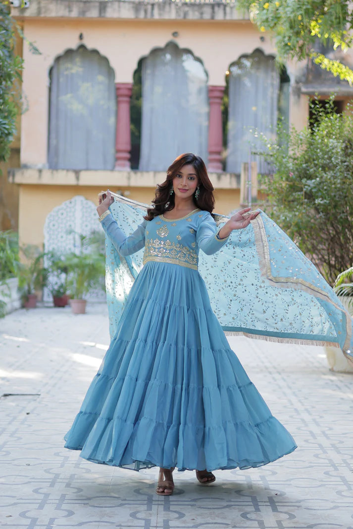 WEDDING SPECIAL STAR GEORGETTE ZARI SEQUINS EMBROIDERED GOWN WITH DUPATTA (WD56) (02)