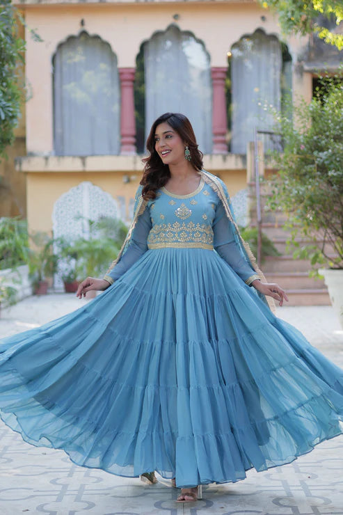 WEDDING SPECIAL STAR GEORGETTE ZARI SEQUINS EMBROIDERED GOWN WITH DUPATTA (WD56) (02)