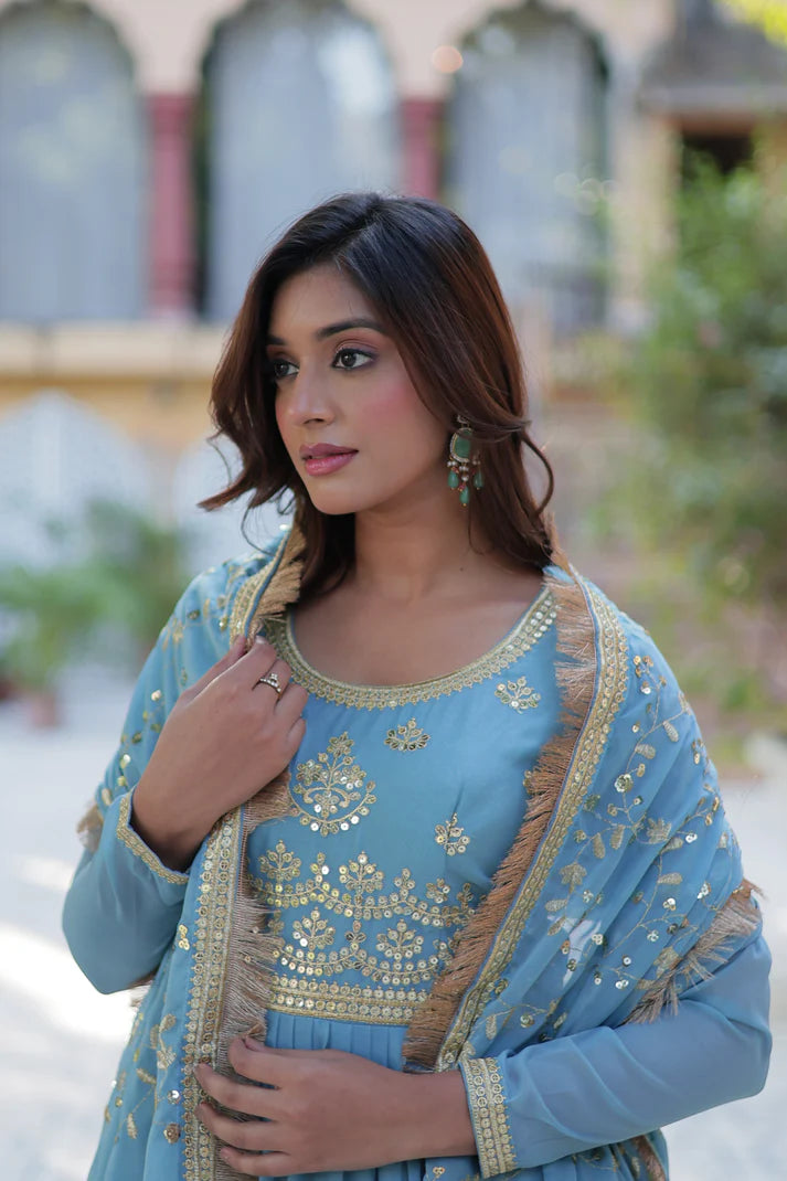 WEDDING SPECIAL STAR GEORGETTE ZARI SEQUINS EMBROIDERED GOWN WITH DUPATTA (WD56) (02)