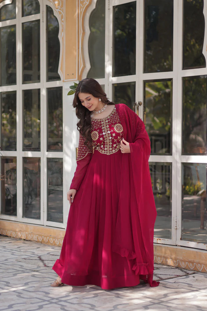 BLOOMING GEORGETTE EMBROIDERED GOWN WITH DUPATTA(WD98)