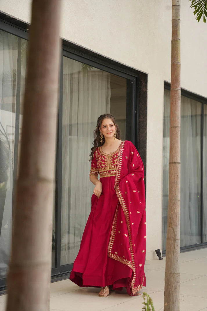 VICHITRA SILK SEQUANCE EMBROIDERED GOWN WITH DUPATTA(WD81)