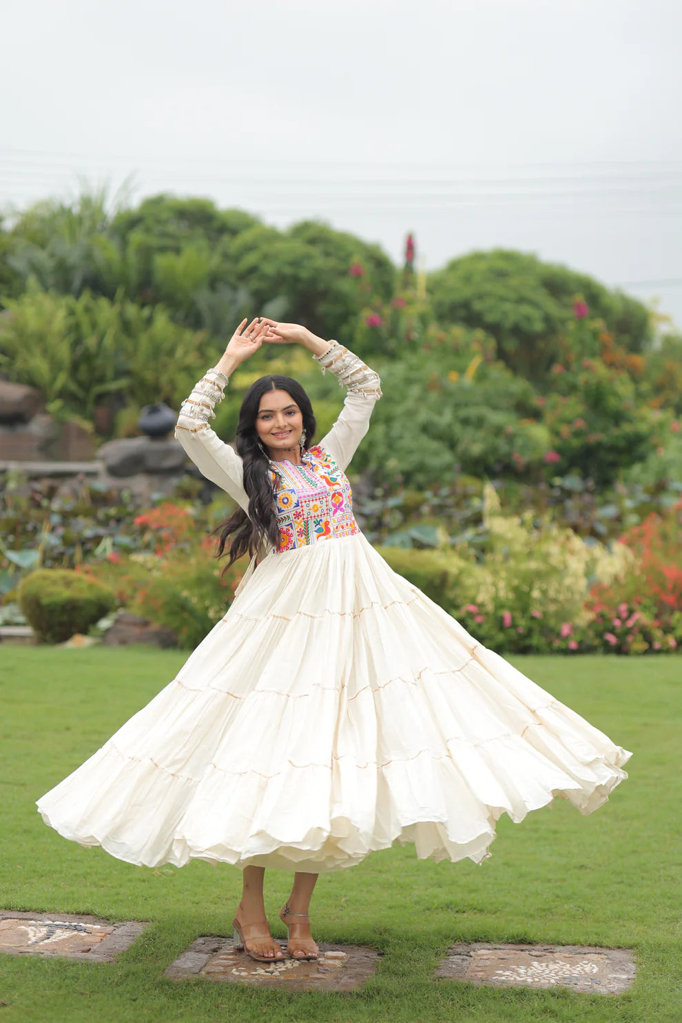 NAVRATRI SPECIAL KORA COTTON EMBROIDERED GOWN WITH GOTA PATTI WORK(WD189)