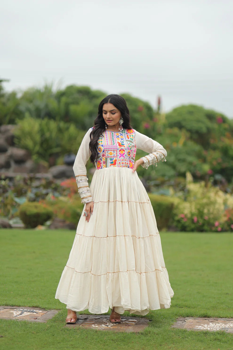 NAVRATRI SPECIAL KORA COTTON EMBROIDERED GOWN WITH GOTA PATTI WORK(WD189)